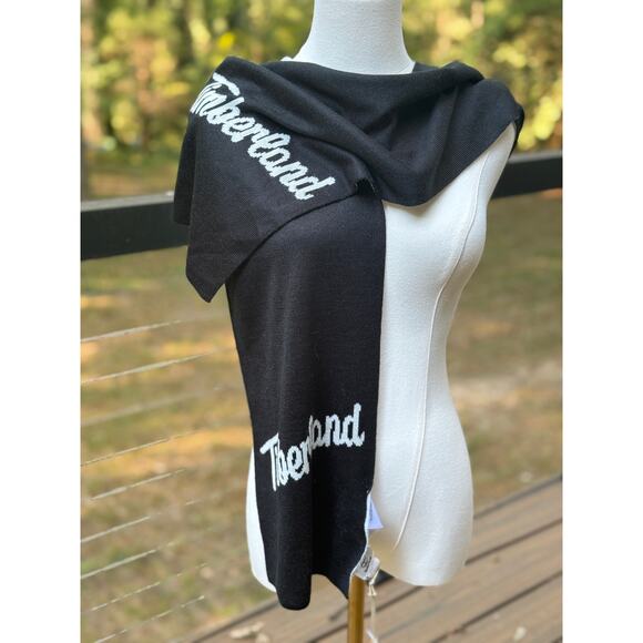 NEW Timberland Black White Knit Logo Scarf Winter Cold Weather Accessory Unisex - Picture 3 of 8